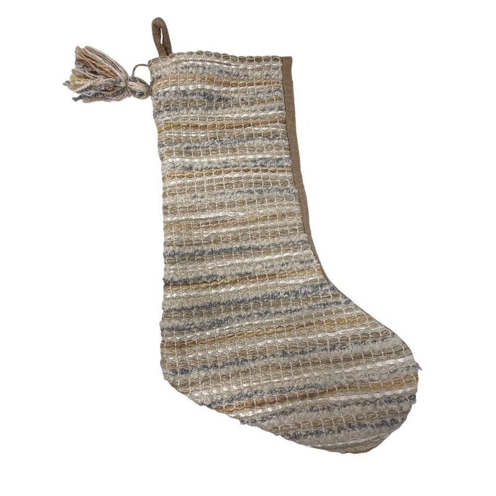Shabby Chic Christmas Stocking Tassel Cream Beige Gray Textured Woven
